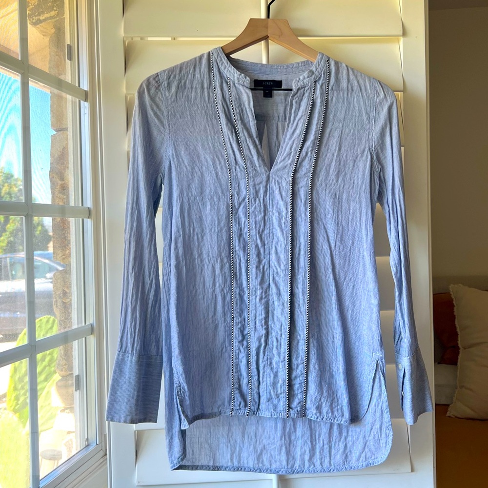 J. Crew Light Blue Pin Striped Blouse with Embroidered Details